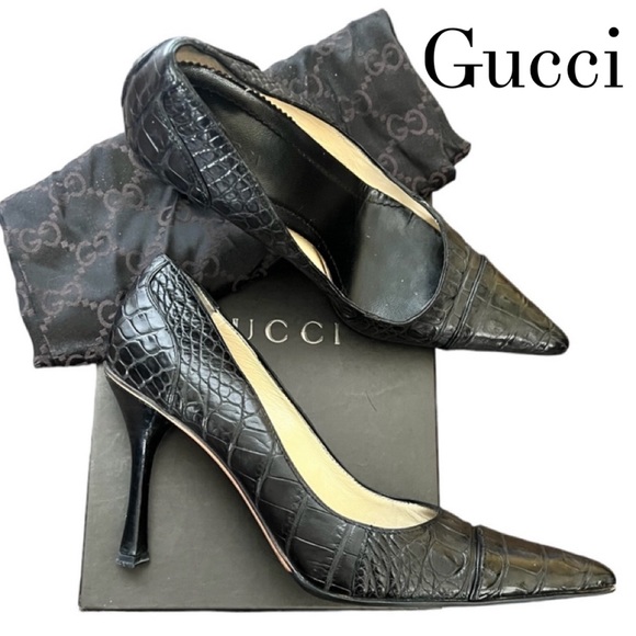 Gucci Shoes - Gucci Black Crocodile Leather Pointed Toe Pumps Size 7.5